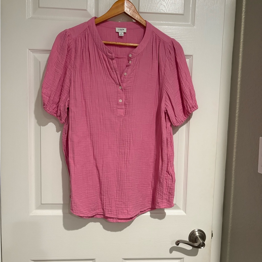 J. Crew Pink Puff Sleeve Blouse with Mandarin Collar